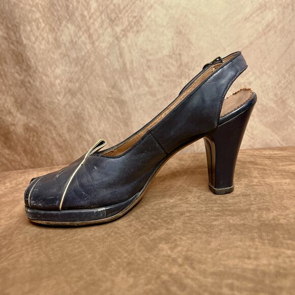 Vintage 40s Gold Cross Shoe Pumps Blue Heels Decorative Wrap Blue Open Toe Retro - Picture 8 of 13